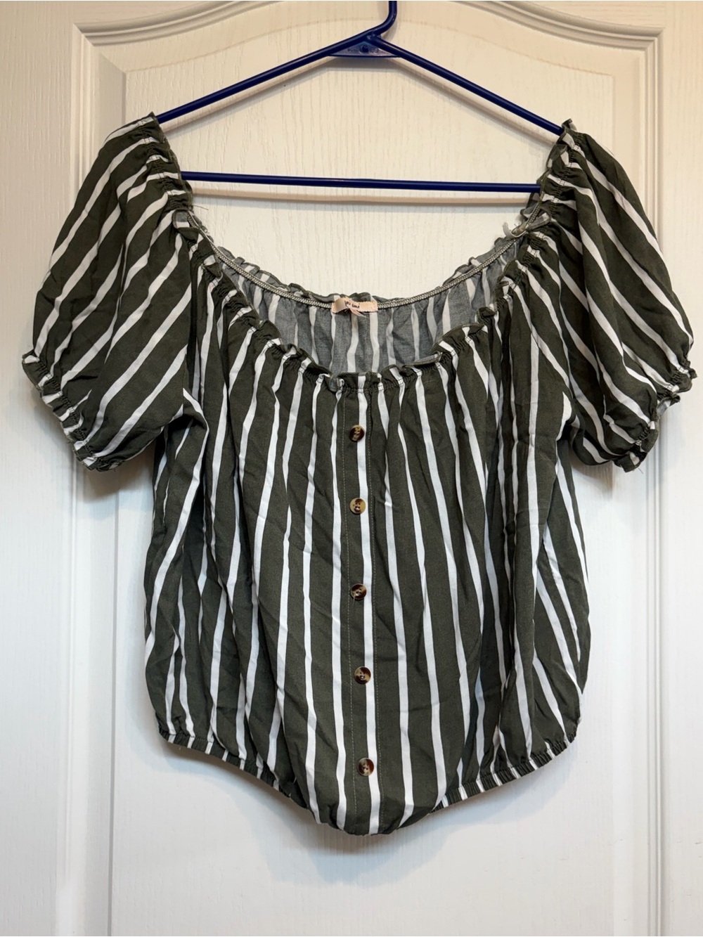 miami Olive Green & White Striped Off-Shoulder Button Front Top